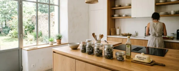 Cuisine contemporaine lumineuse avec plan de travail en bois clair, bocaux en verre contenant des fleurs de chanvre séchées, bouteille d'huile d'olive et beurre disposés naturellement