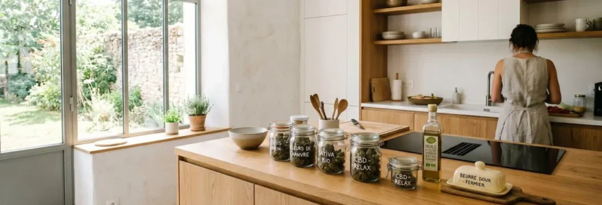 Cuisine contemporaine lumineuse avec plan de travail en bois clair, bocaux en verre contenant des fleurs de chanvre séchées, bouteille d'huile d'olive et beurre disposés naturellement