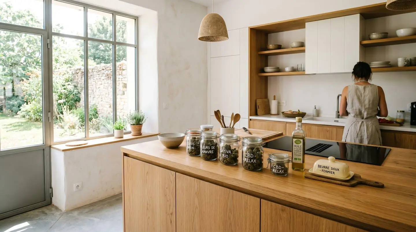 Cuisine contemporaine lumineuse avec plan de travail en bois clair, bocaux en verre contenant des fleurs de chanvre séchées, bouteille d'huile d'olive et beurre disposés naturellement