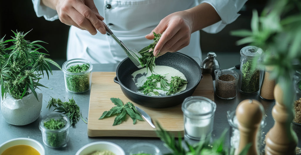 Mains féminines versant de l'huile dorée dans une casserole en inox sur une cuisinière moderne, vue en plongée légère dans une cuisine lumineuse