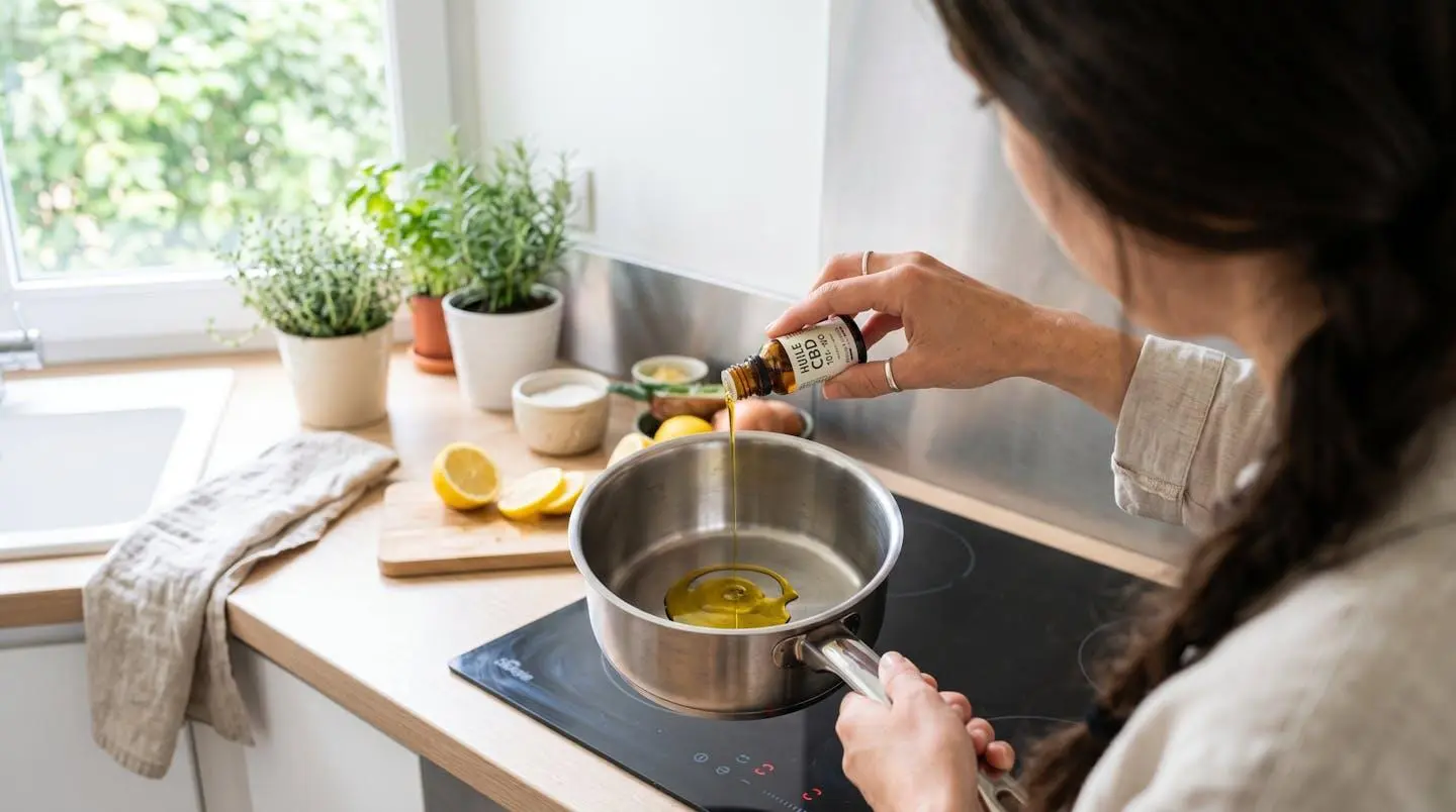Mains féminines versant de l'huile dorée dans une casserole en inox sur une cuisinière moderne, vue en plongée légère dans une cuisine lumineuse