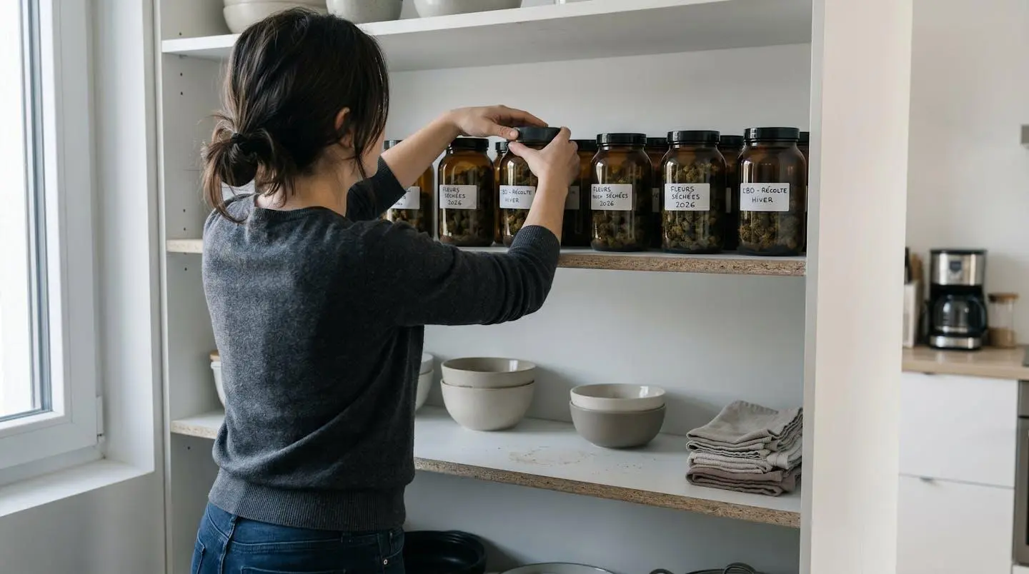 Personne de dos organisant des bocaux en verre ambré hermétiques contenant des fleurs de CBD séchées sur étagère blanche dans garde-manger contemporain