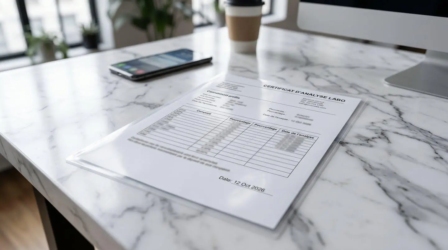 Gros plan d'un certificat d'analyse de laboratoire posé sur surface blanche montrant un tableau de profil cannabinoïde avec pourcentages et date de test